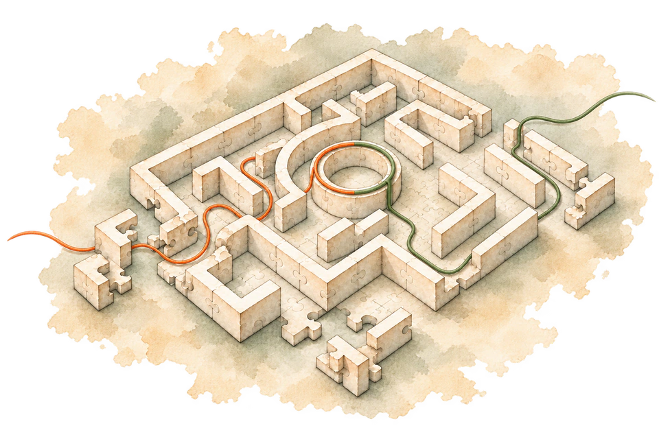 Een oranje en een saliegroene draad volgen elk een eigen route door een aquarel van een puzzeldoolhof en komen samen in een cirkel in het midden.