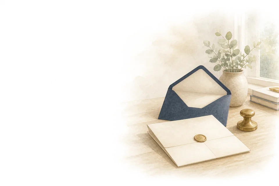 Een zorgvuldig gevouwen brief, open marineblauwe envelop en messing presse-papier