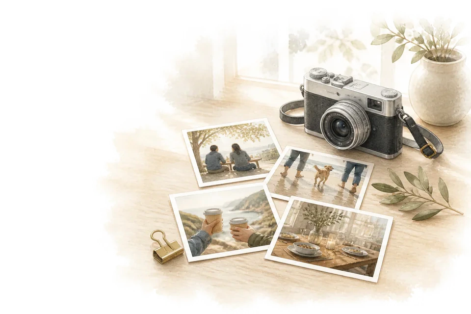 Een klassieke camera naast foto’s van maaltijden, reizen en rustige gedeelde momenten