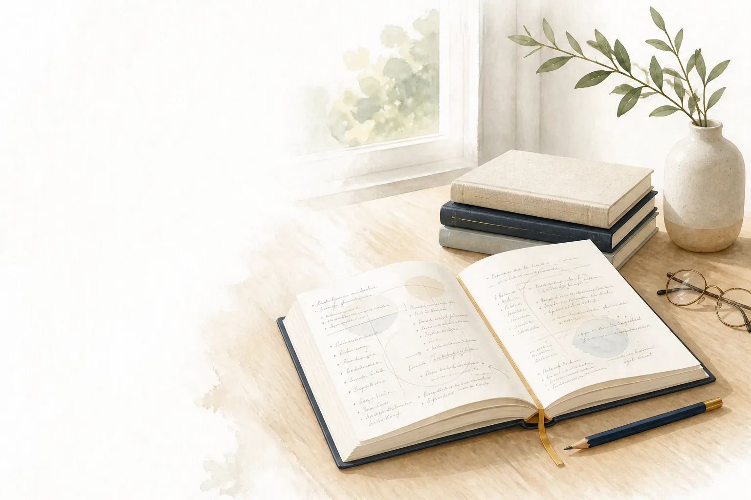 Een open journaal met handgeschreven gedachten naast een stapel boeken, een bril en een groene tak