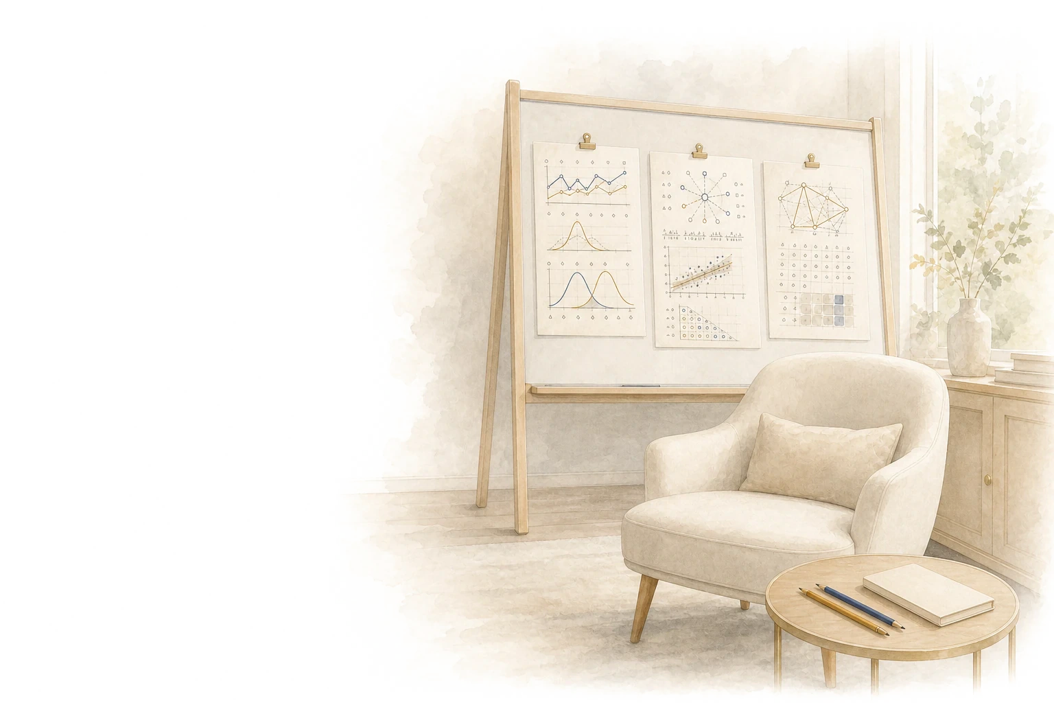 Quiet consultation room with abstract diagnostic charts on a whiteboard and two pencils on a side table