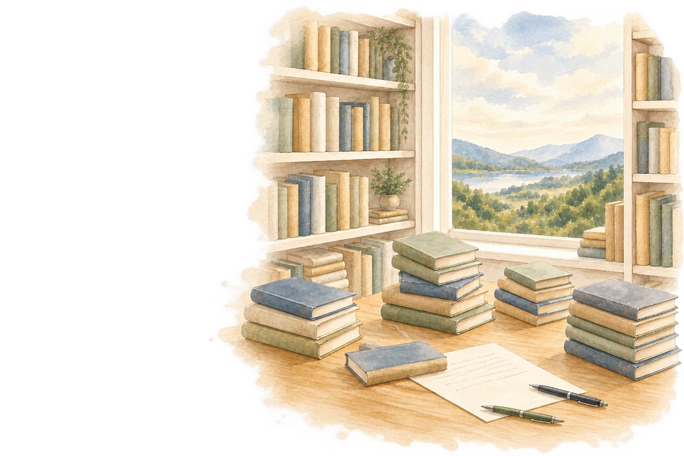 Aquarel van een bibliotheek met boekenkasten rond een raam met uitzicht op bergen en een vallei, en stapels gesloten boeken, een vel papier en pennen op een houten tafel