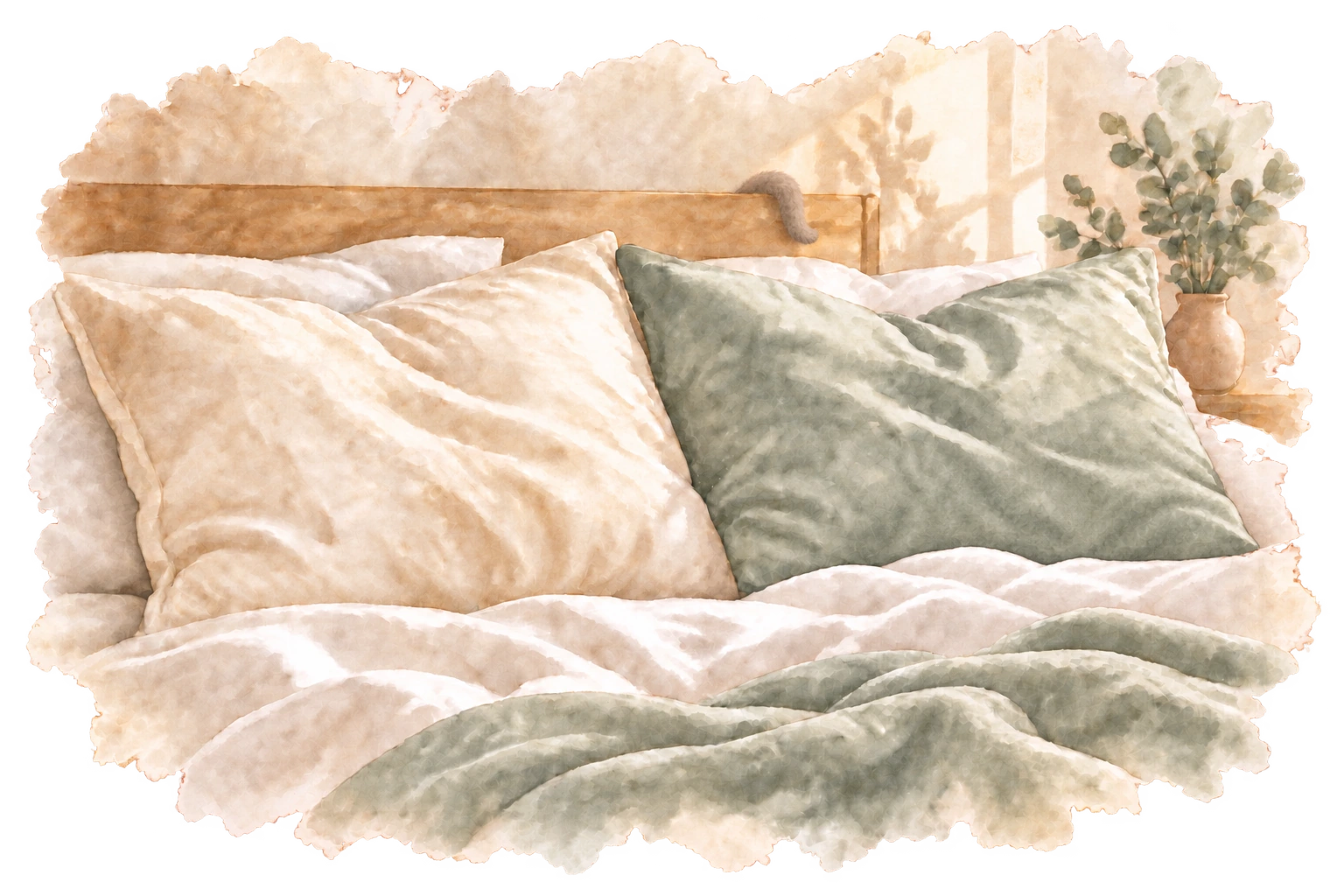 Two pillows close together on a bed, with a small cat’s tail resting over the wooden headboard.