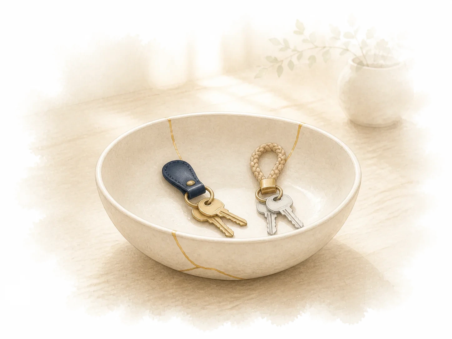 A repaired cream bowl holding two different sets of keys