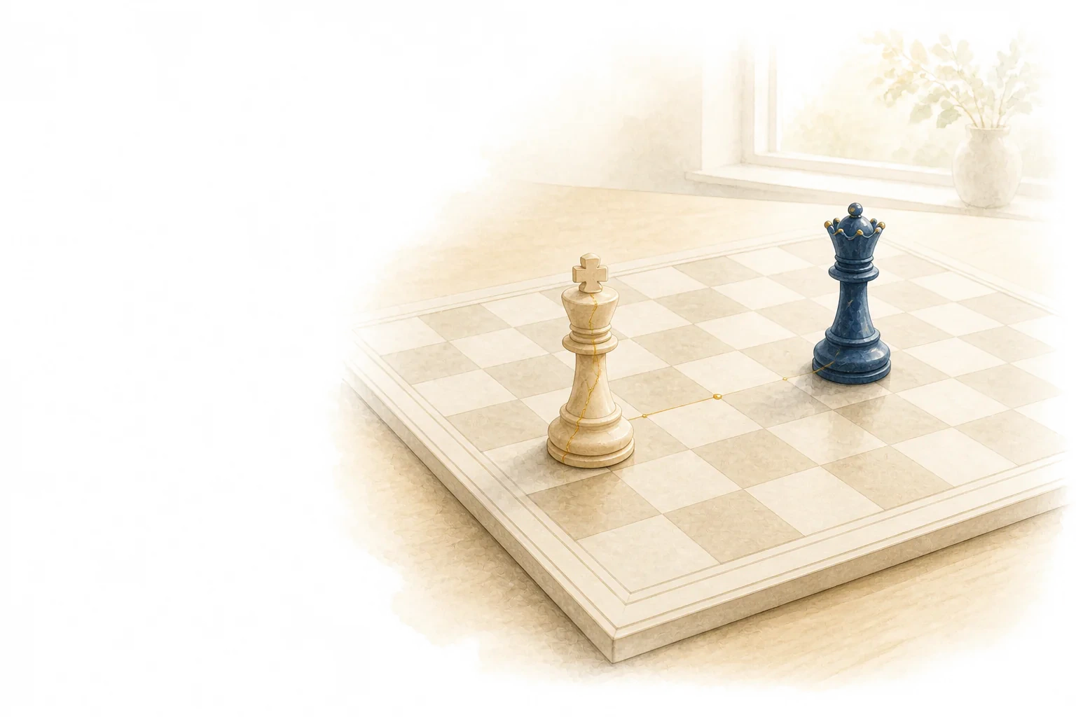 A light chessboard with only a king and queen left, facing one another across a subtly changed golden route