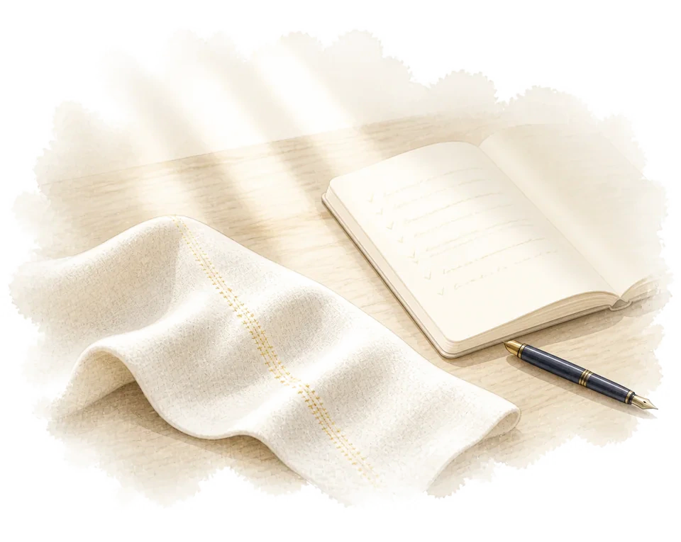 Repaired cream linen with a refined gold seam beside an open notebook and fountain pen