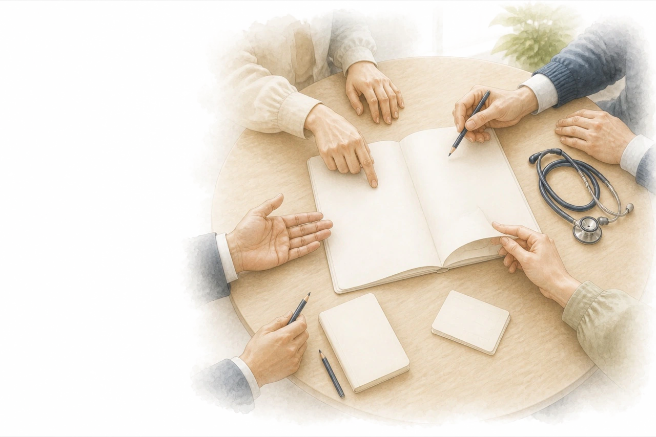Four nfs specialists collaborate around one shared case dossier at a consultation table.